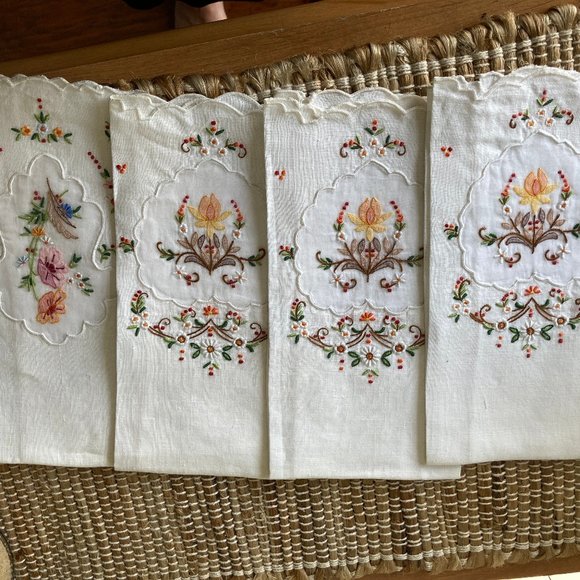 Four Mid Century Hand Embroidered Table Napkins - Picture 2 of 12